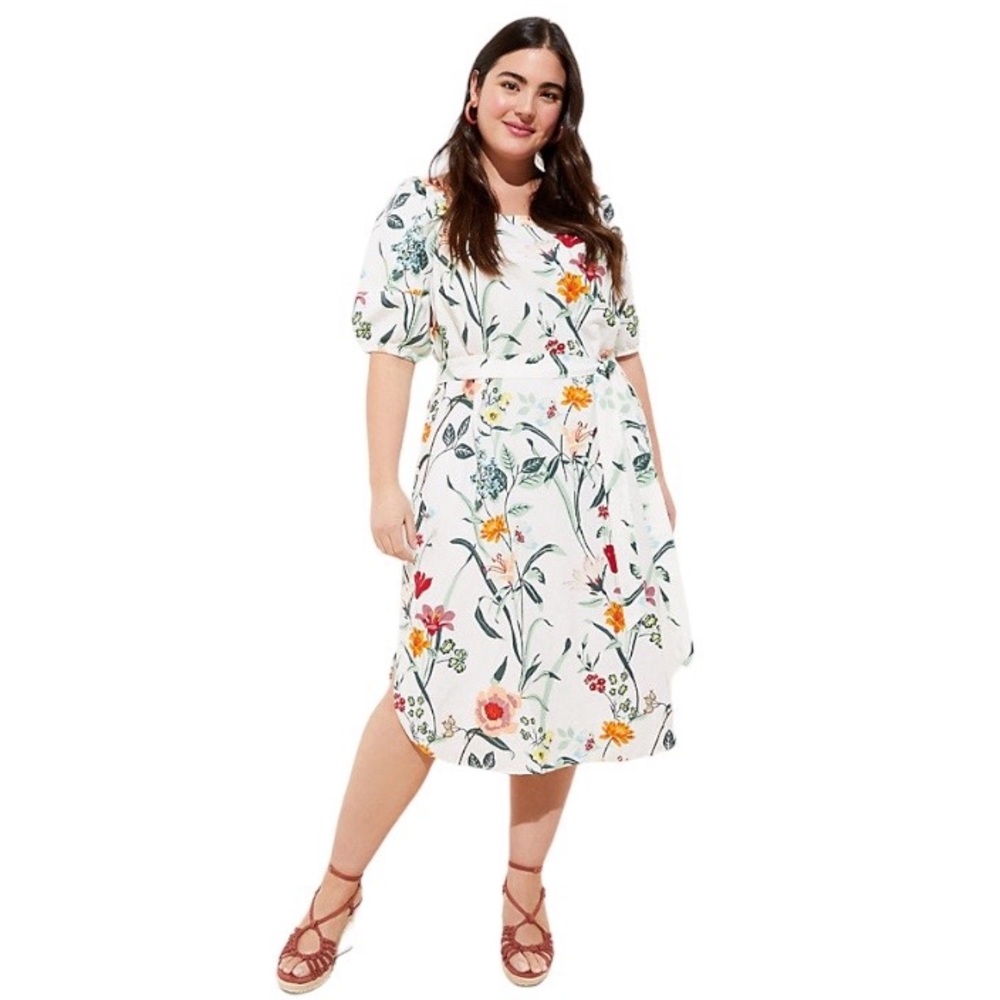 LOFT FLORAL LINEN BLEND PUFF SLEEVE POCKET MIDI DRESS SIZE 10